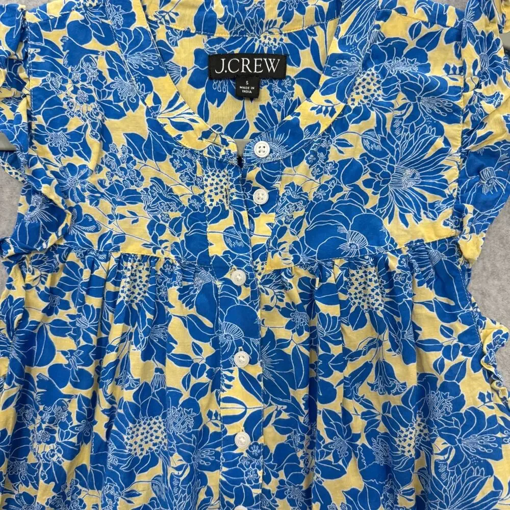 J. Crew Ruffle Trim Floral Sleeveless Top Sz S Blue Yellow Cottagecore Coquette
